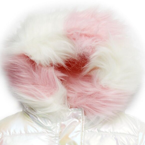 NEW Sam Edelman Little Kid Girl Quilted Iridescent Faux Fur Trim Puffer Jacket - Picture 3 of 5